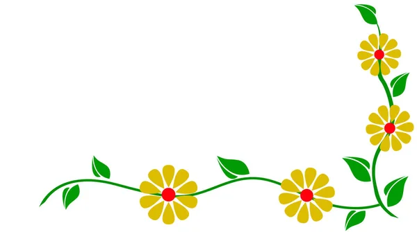 Floral Border Design Concept Green Leaves Branch Yellow Red Flowers — Stockvektor