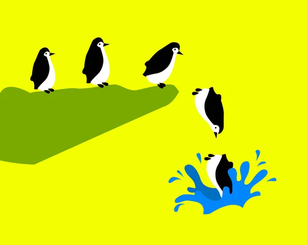 Pinguini Che Saltano Acqua Concetto Illustrazione Vettoriale Isolato Sfondo Giallo — Vettoriale Stock