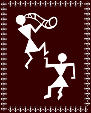 Kahverengi arkaplanda izole edilmiş Hint Geleneksel Warli tarzı resim - vektör illüstrasyonu 