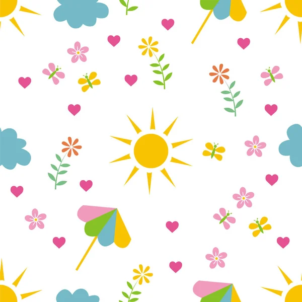 Abstrakte Sommer Handgezeichnete Objekte Der Sonne Blumen Blütenblätter Herzen Wolken — Stockvektor