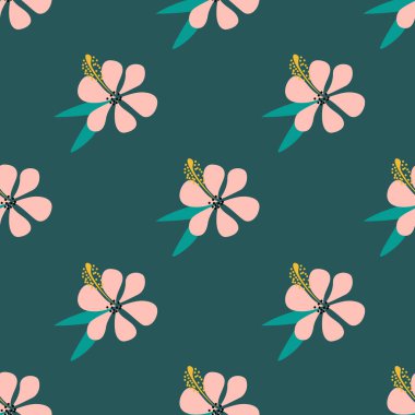 Koyu yeşil arka planda izole edilmiş pembe çiçek çiçeği kusursuz desendedir - vektör çizimi