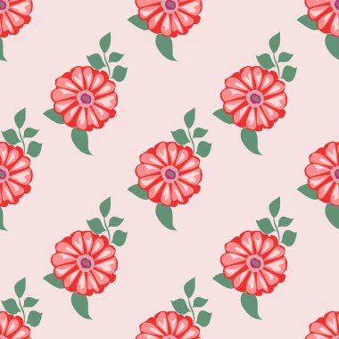 Pembe arka planda yeşil yapraklı güzel kırmızı bahar çiçeği kusursuz desendedir - vektör çizimi