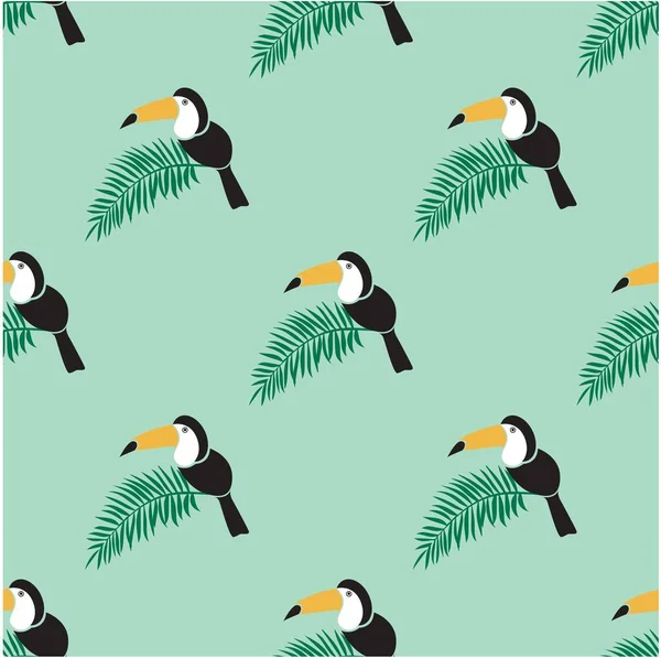 淡い緑の背景にヤシの葉が孤立したかわいいトウカンの鳥がシームレスなパターンにある ベクトル図 — ストックベクタ