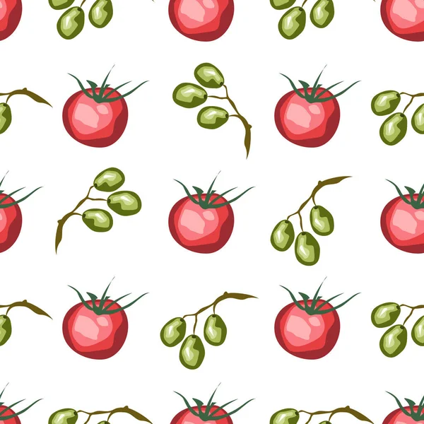 Olive Fruits Tomatoes Isolated White Background Seamless Pattern Vector Illustration — Stock Vector