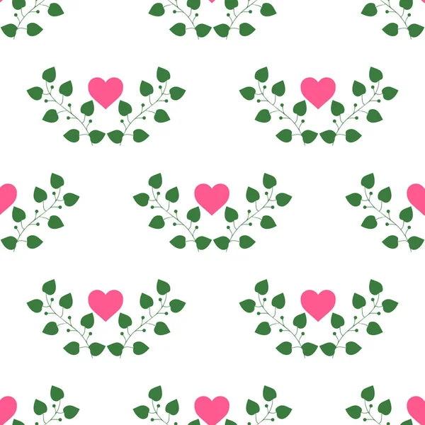 Beautiful Pink Heart Leafy Petals Isolated White Background Seamless Pattern — Stockvektor