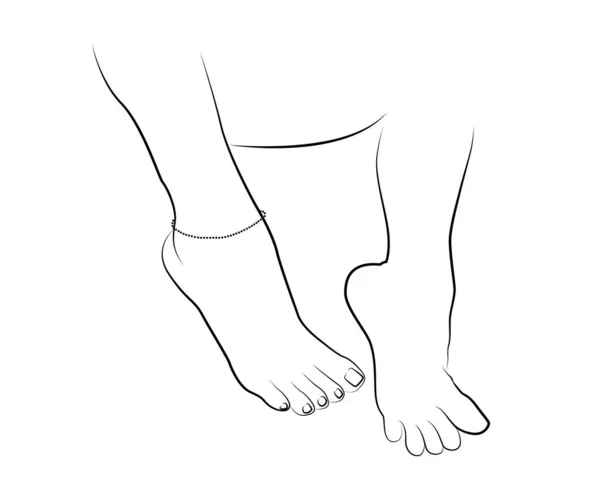 Vacker Kvinna Fötter Med Anklet Linje Ritning Isolerad Vit Bakgrund — Stock vektor