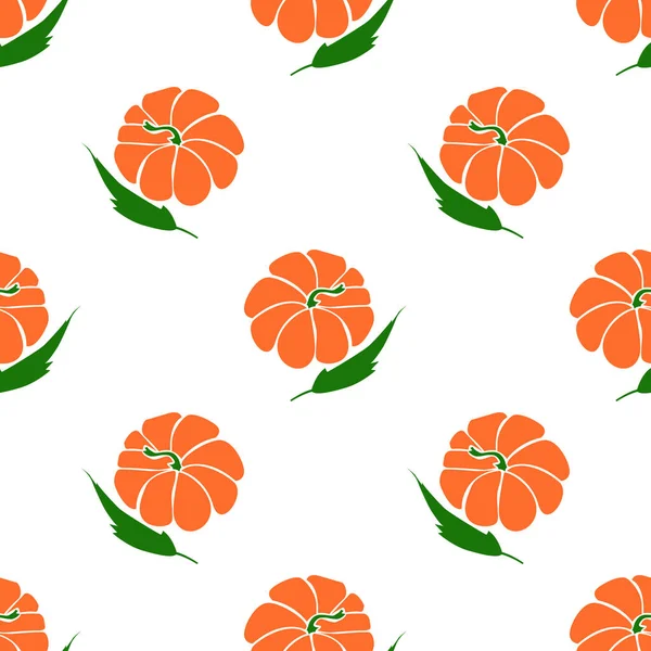 橙色南瓜 绿叶隔离在白色背景下 呈无缝图案 矢量图解 — 图库矢量图片