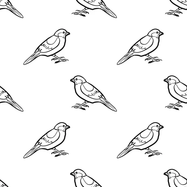 白い背景に隔離された小さな鳥のスズメの線画はシームレスなパターンです ベクトル図 — ストックベクタ