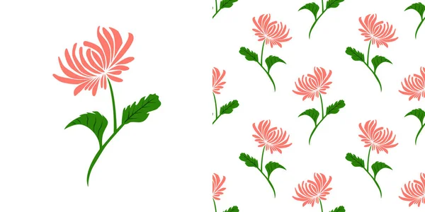 Рожева Квітка Хризантеми Зеленим Листям Ізольовано Білому Тлі Безшовному Візерунку — стоковий вектор