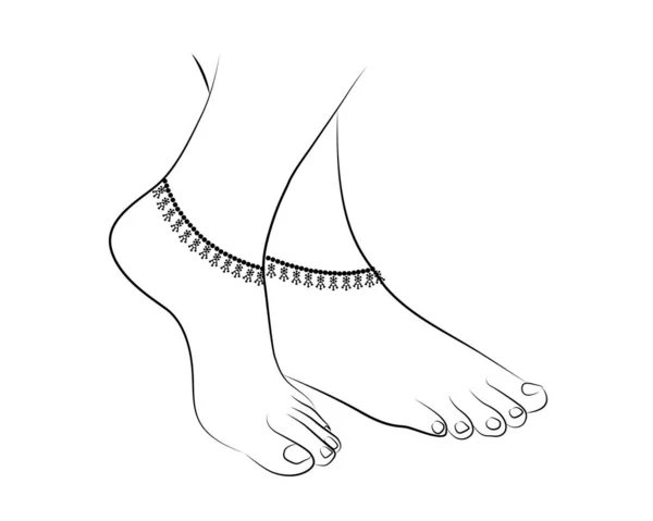 Gambar Garis Kaki Wanita Cantik Dengan Anklet Diisolasi Pada Latar - Stok Vektor