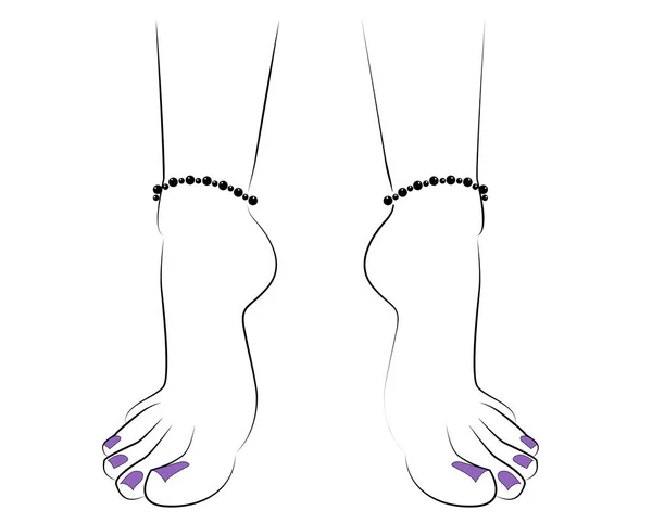Woman Feet Anklets Purple Nail Polish Isolated White Background Vector — Vetor de Stock
