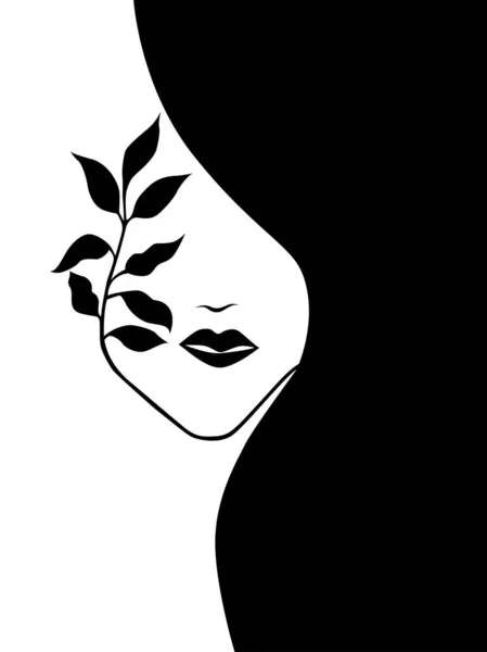 Woman Half Face Leaves Hairs Isolated White Background Vector Illustration — стоковый вектор