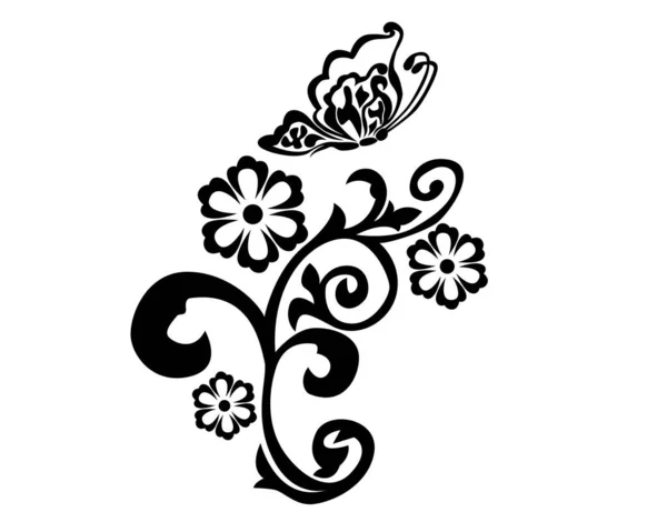 Abstract floral art with flowers, leaves, spirals and butterfly isolated on white background - vector illustration 