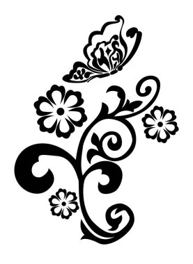 Çiçekli güzel kelebek sarmal ve yaprakları beyaz arkaplanda izole edilmiş - vektör illüstrasyonu