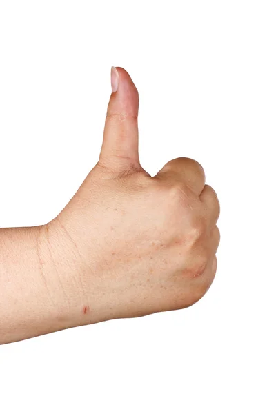 Female hand, fingers folded in the shape means "victory", "good", "bad" on a white background — Stock Photo, Image