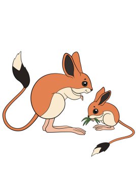 Çizgi filmdeki vahşi hayvanlar. Anne Jerboa ve küçük tatlı bebeği. İzole edilmiş.