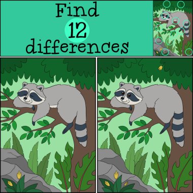 Eğitim oyunu: Farklılıkları bulun. Şirin gülümseyen rakun ağaçta dinleniyor ve gülümsüyor..