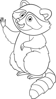 Boyama sayfası. Sevimli mutlu rakun duruyor ve el sallıyor..