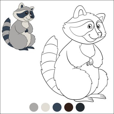Örnek olarak boyama sayfası. Sevimli çizgili rakun duruyor ve gülümsüyor..