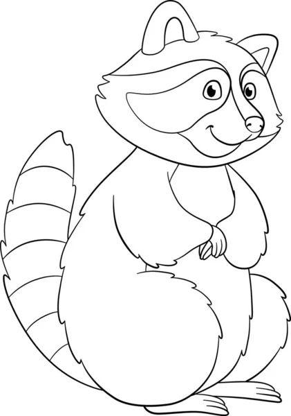 Coloring Page Cute Striped Raccoon Stands Smiles — Stock Vector