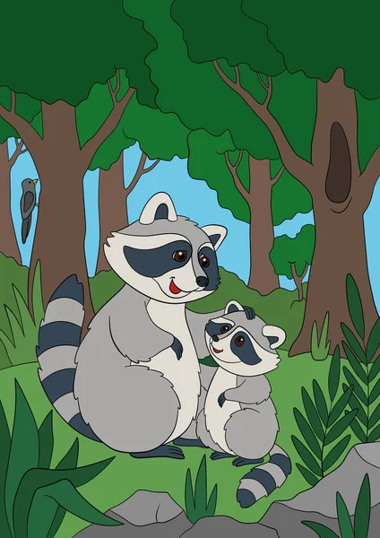Cartoon Wild Animals Mother Raccoon Stands Her Little Cute Baby — Stock Vector