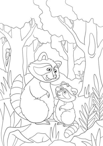 Coloring Page Mother Raccoon Stands Her Little Cute Baby Raccoon — Stock Vector
