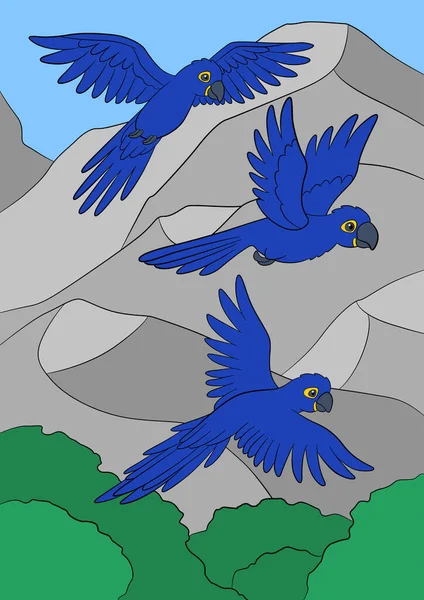 Pájaros Dibujos Animados Tres Loros Felices Guacamayo Azul Volar Sonreír — Archivo Imágenes Vectoriales