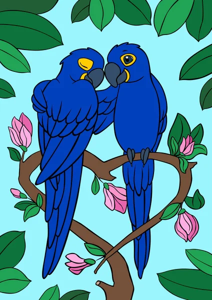 Cartoon Vogels Twee Schattige Papegaaien Blauwe Ara Zitten Boomtak Zijn — Stockvector