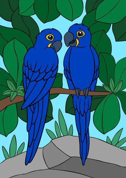Pájaros Dibujos Animados Dos Lindos Loros Guacamayo Azul Sientan Rama — Vector de stock