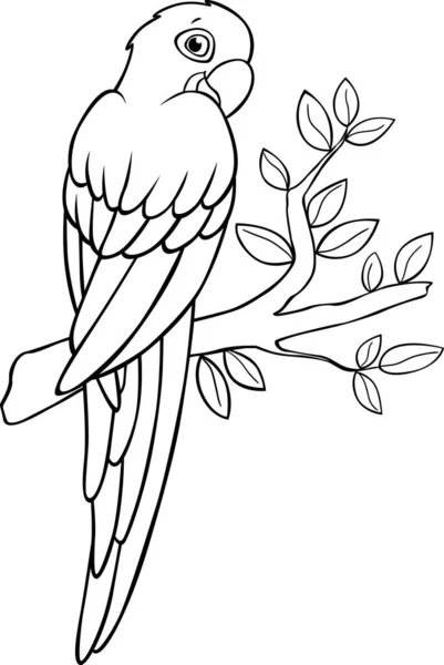 Coloring Page Cute Parrot Blue Macaw Sits Tree Branch Smiles — Stock Vector