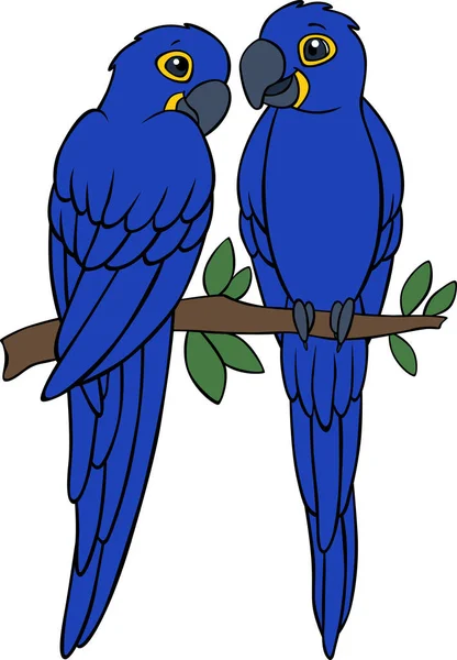 Cartoon Birds Two Cute Parrots Blue Macaw Sit Tree Branch — Stock Vector