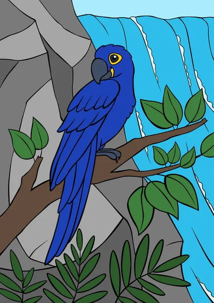 卡通鸟 鹦鹉蓝色的金刚鹦鹉坐在瀑布前的树枝上笑了 — 图库矢量图片