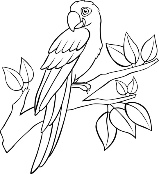 Coloring Page Cute Parrot Blue Macaw Sits Tree Branch Smiles — Stock Vector