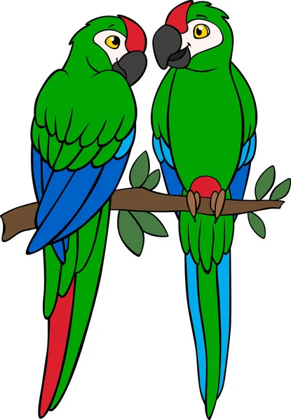 Pájaros Dibujos Animados Dos Lindos Loros Guacamayo Verde Sientan Rama — Vector de stock