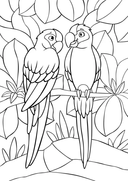 Coloring Page Two Cute Green Macaw Sits Three Branch Smiles — Stock Vector