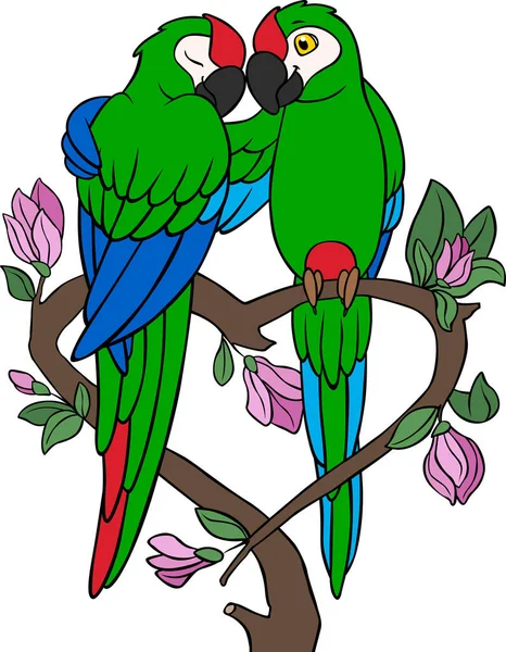 Pájaros Dibujos Animados Dos Lindos Loros Guacamayo Verde Sientan Rama — Vector de stock