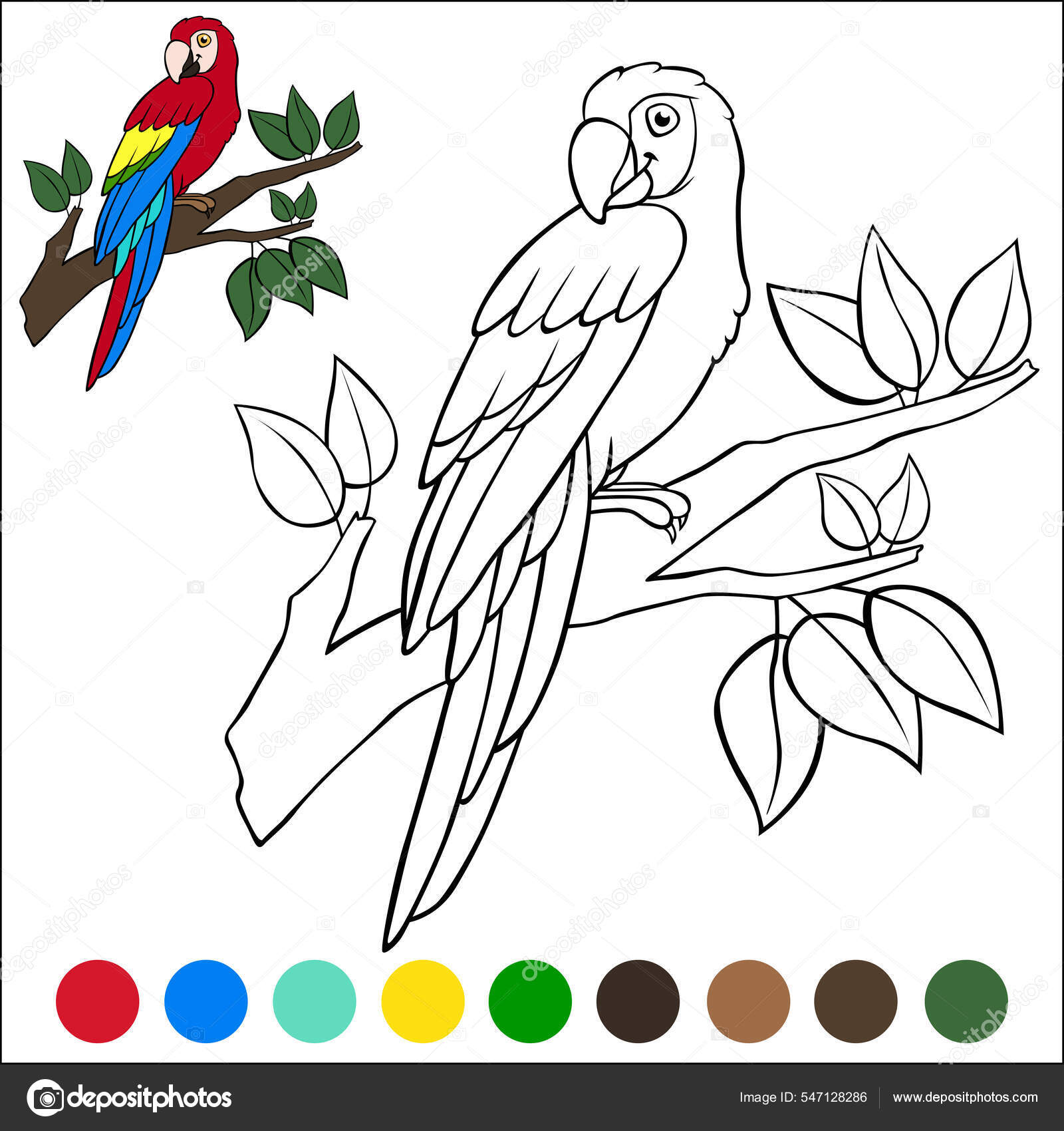 Kleurplaten Vogels Leuke Vrolijke Papegaai Rode Ara Zit Tak Glimlacht  Stockvector Door ©Ya-Mayka 547128286