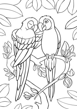 Boyama sayfası. İki sevimli papağan kırmızı papağanı üç dala oturup gülümsüyor. Birbirlerine aşıklar..