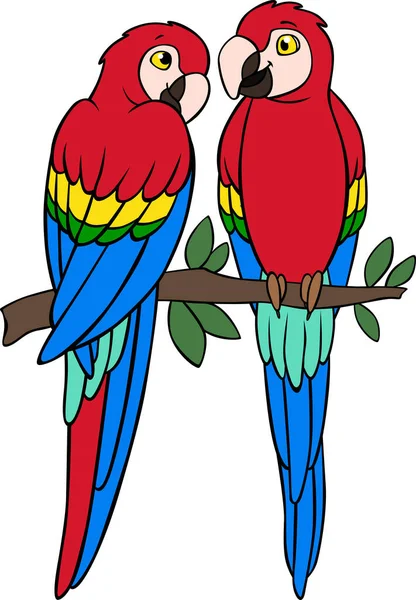 Cartoon Birds Two Cute Parrots Red Macaw Sit Tree Branch — Stock Vector