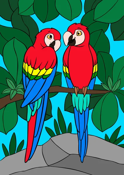 Pájaros Dibujos Animados Dos Lindos Loros Guacamayo Rojo Sientan Rama — Vector de stock