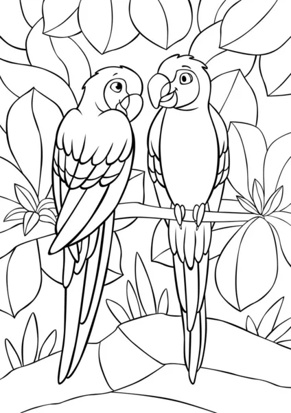 Kleurplaten Twee Schattige Papegaaien Rode Ara Zit Drie Takken Glimlacht — Stockvector