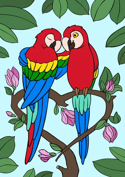 卡通鸟 两只可爱的鹦鹉在树枝上坐着 他们恋爱了 这树枝看起来像颗心 — 图库矢量图片