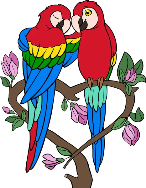 Ptaki Kreskówek Dwie Urocze Papugi Czerwona Macaw Siedzieć Gałęzi Drzewa — Wektor stockowy