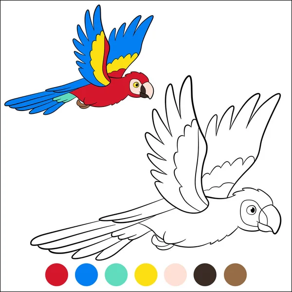 Dibujo Para Colorear Pájaros Lindo Loro Feliz Guacamayo Rojo Moscas — Vector de stock