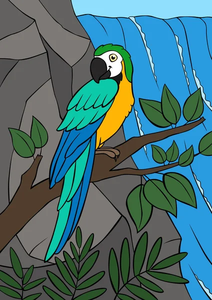 卡通鸟 鹦鹉黄色的金刚鹦鹉坐在树枝上笑了 这里有瀑布 — 图库矢量图片