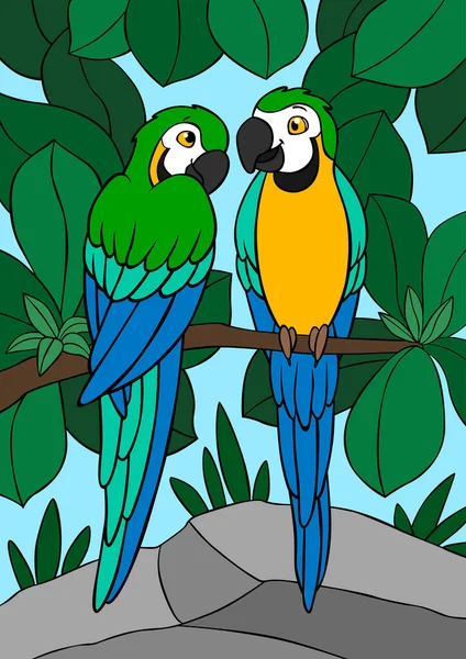 Pájaros Dibujos Animados Dos Lindos Loros Guacamayo Amarillo Sientan Rama Vectores de stock libres de derechos