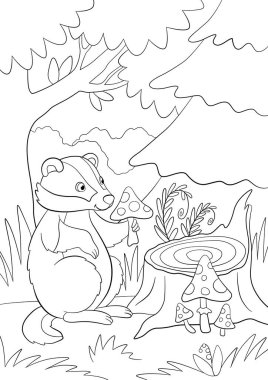 Boyama sayfası. Küçük şirin porsuk oturur, gülümser ve elinde bir manita tutar..