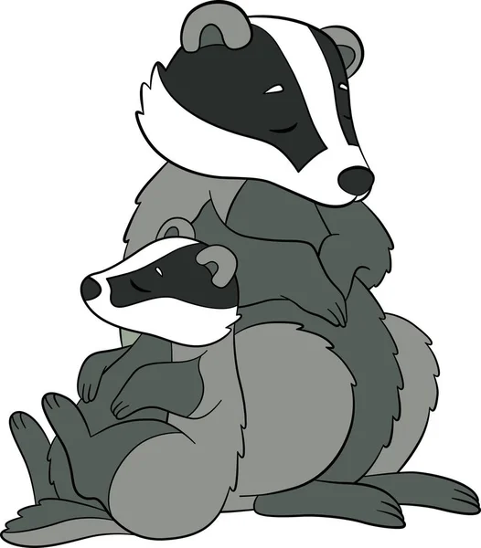 Cartoon Wild Animals Mother Badger Sleeps Her Little Cute Baby — Stock Vector