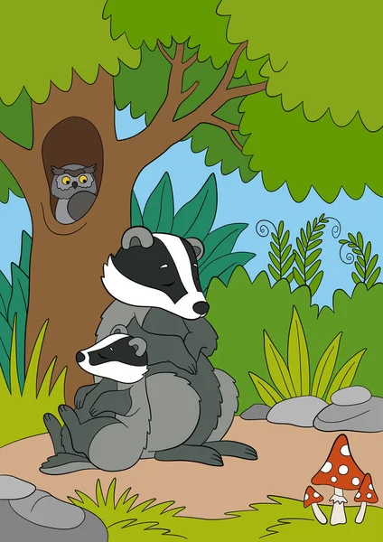Çizgi Filmdeki Vahşi Hayvanlar Anne Porsuk Küçük Sevimli Porsuğuyla Ormandaki — Stok Vektör