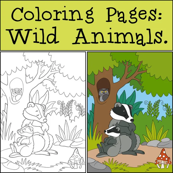 Coloriages Animaux Sauvages Mère Blaireau Dort Avec Son Petit Bébé — Image vectorielle